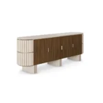 Peter Sideboard, a sophisticated sideboard by Nolita Harbour in walnut, travertine, and velvet, featuring elegant curves and material contrast