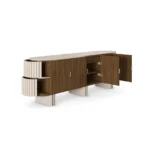 Opened Peter Sideboard, a minimalist sideboard by Nolita Harbour in walnut, travertine, and velvet, blending clean lines with subtle detailing