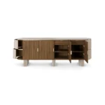 Opened Peter Sideboard, a contemporary sideboard by Nolita Harbour in walnut, travertine, and velvet, with a calm presence and sculpted form