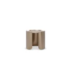 Bria Luxury side table with a travertine top and polished brass base, designed by Nolita Harbour. front view