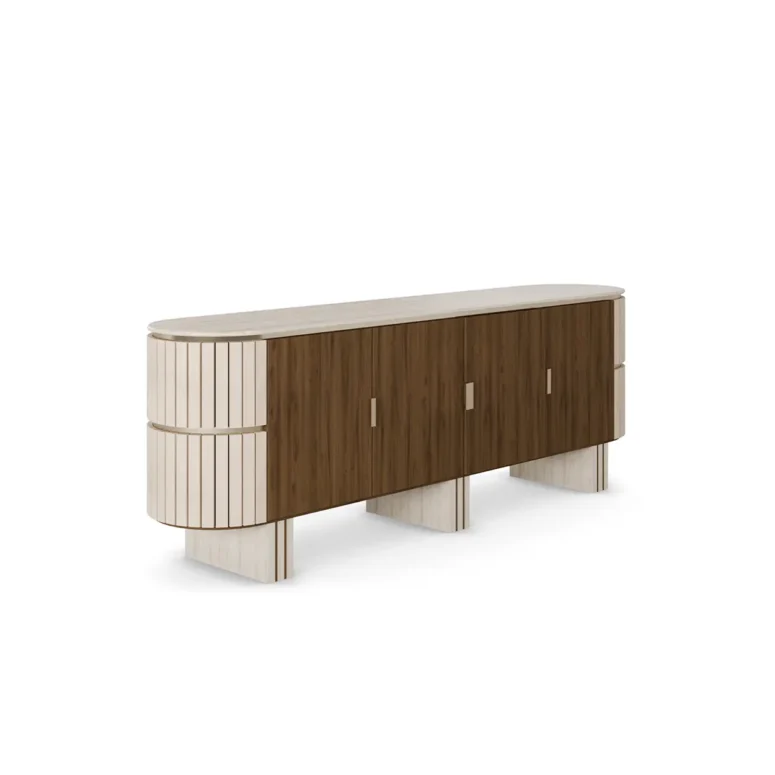 Luxury sideboard with travertine top, walnut wood, rounded lines, velvet-covered sides, and three legs, designed by Nolita Harbour. 45 degree view