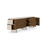 Luxury sideboard with travertine top, walnut wood, rounded lines, velvet-covered sides, and three legs, designed by Nolita Harbour. 45 degree