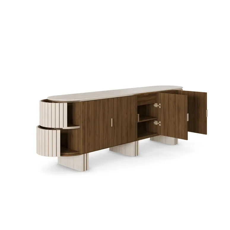 Luxury sideboard with travertine top, walnut wood, rounded lines, velvet-covered sides, and three legs, designed by Nolita Harbour. 45 degree