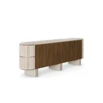 Luxury sideboard with travertine top, walnut wood, rounded lines, velvet-covered sides, and three legs, designed by Nolita Harbour.back view