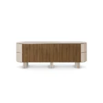 Luxury sideboard with travertine top, walnut wood, rounded lines, velvet-covered sides, and three legs, designed by Nolita Harbour.back view