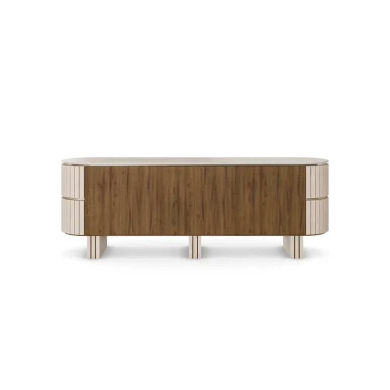 Luxury sideboard with travertine top, walnut wood, rounded lines, velvet-covered sides, and three legs, designed by Nolita Harbour.back view