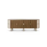 Luxury sideboard with travertine top, walnut wood, rounded lines, velvet-covered sides, and three legs, designed by Nolita Harbour. front view