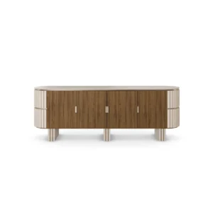 Luxury sideboard with travertine top, walnut wood, rounded lines, velvet-covered sides, and three legs, designed by Nolita Harbour. front view