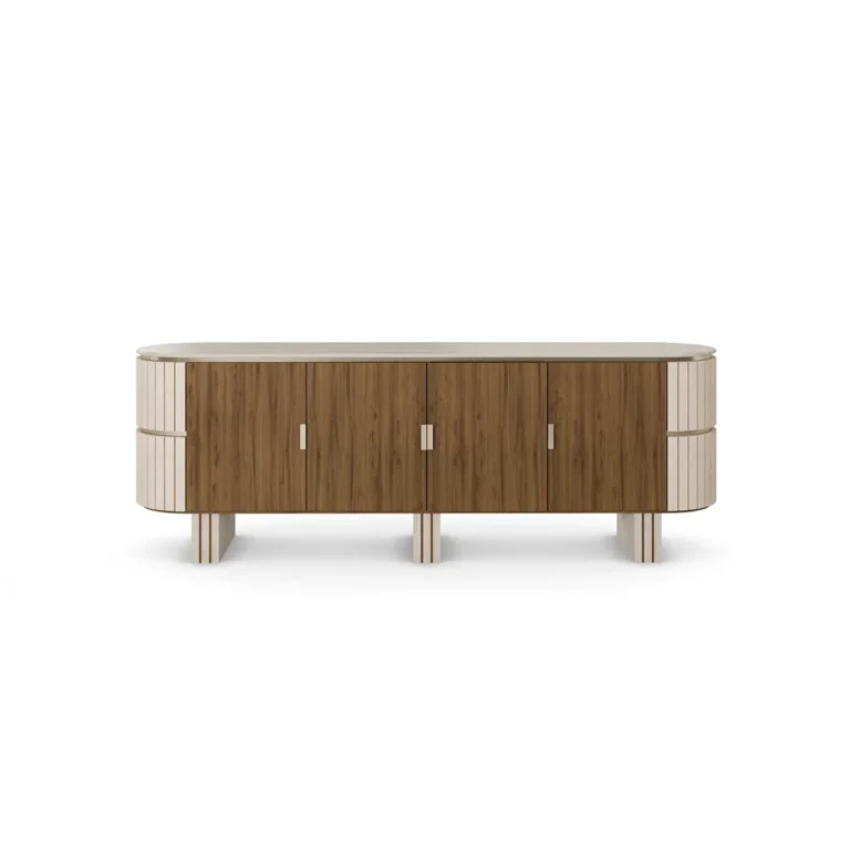 Luxury sideboard with travertine top, walnut wood, rounded lines, velvet-covered sides, and three legs, designed by Nolita Harbour. front view