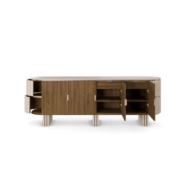 Luxury sideboard with travertine top, walnut wood, rounded lines, velvet-covered sides, and three legs, designed by Nolita Harbour. front view