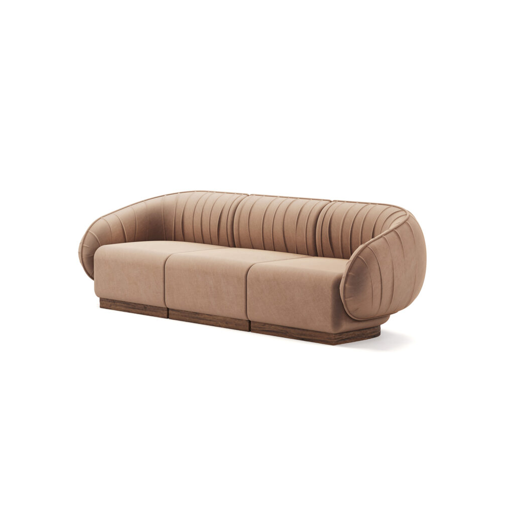 Bert modular sofa in brown fabric with walnut base and detailed vertical seams.