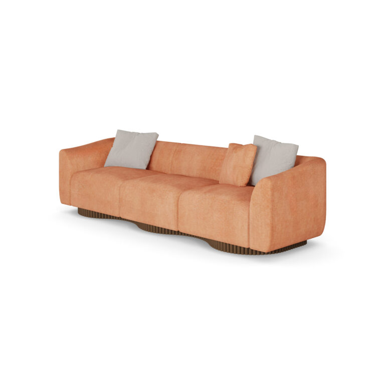 Orange luxury sofa with wave-inspired design, featuring plush upholstery, ribbed walnut matte base, and neutral-colored cushions, by Nolita Harbour. 45 degree