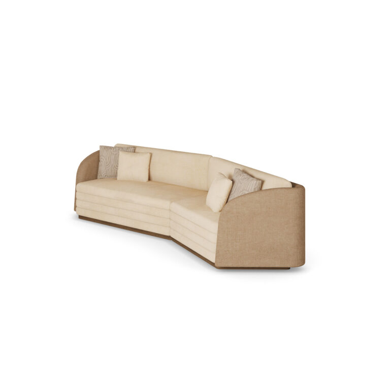 Luxury sofa with cream-colored upholstery, beige fabric accents, and patterned cushions, featuring a low-profile design by Nolita Harbour. 45 degree