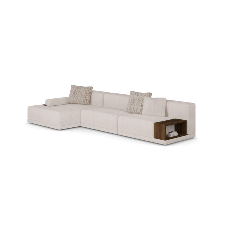 Gino Modular Sofa with plush upholstery and built-in walnut shelving - 45-degree view