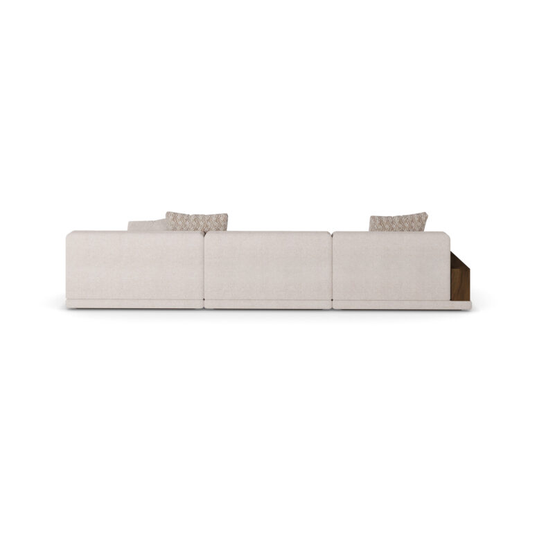 Gino Modular Sofa with plush upholstery and built-in walnut shelving - Back view