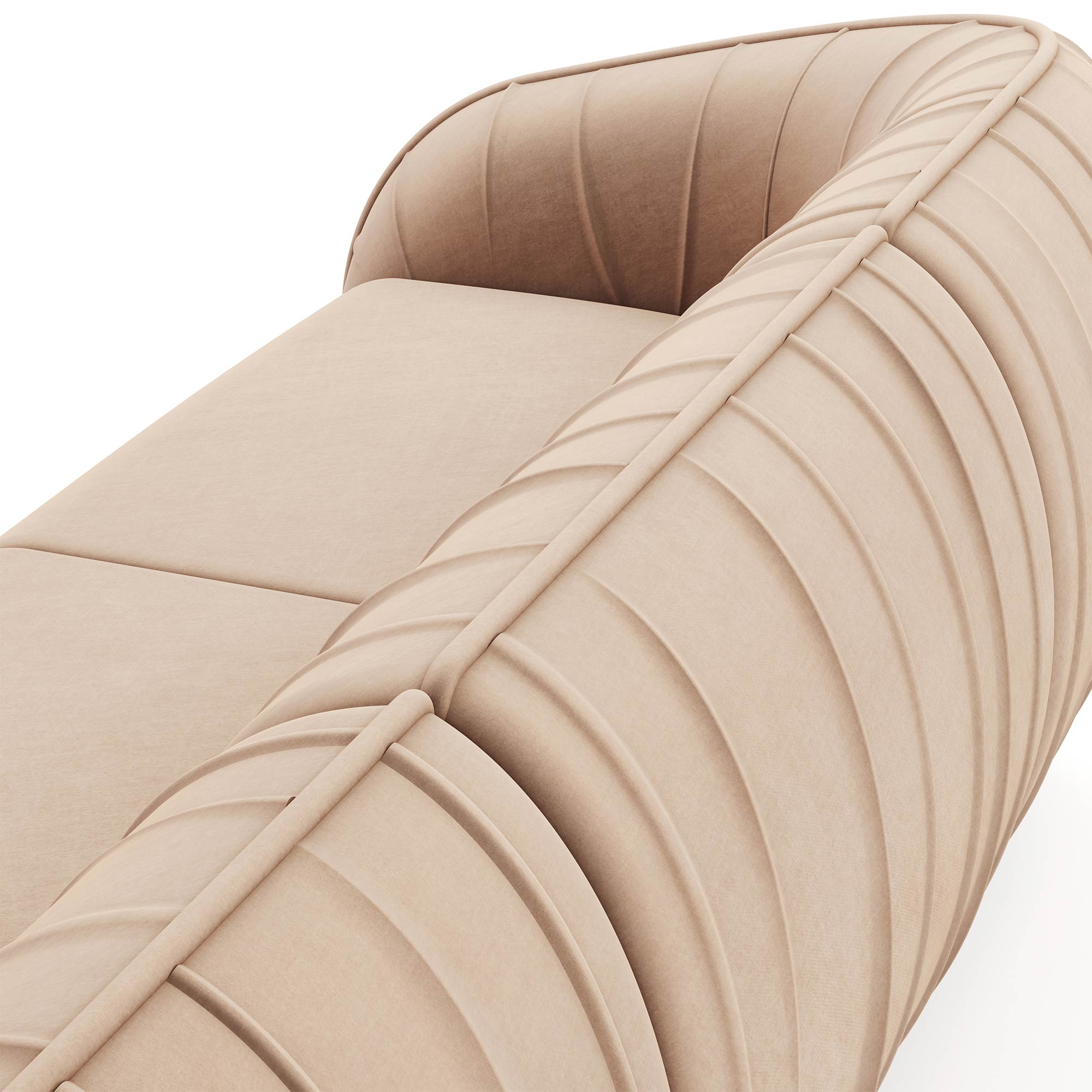 Close-up of Bert modular sofa showing detailed vertical seams and walnut base.