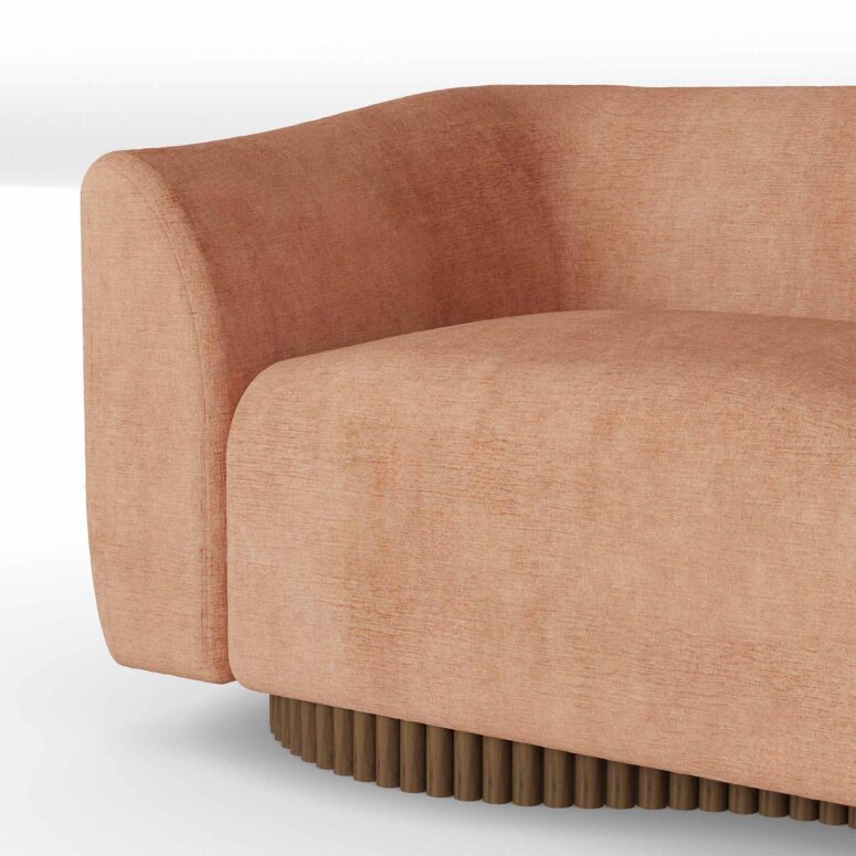 Orange luxury sofa with wave-inspired design, featuring plush upholstery, ribbed walnut matte base, and neutral-colored cushions, by Nolita Harbour. detail view