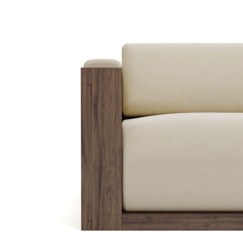 Modular sofa with cream upholstery and walnut panels, featuring a customizable configuration, designed by Nolita Harbour. detail view