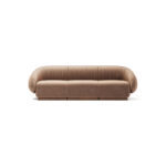 Bert modular sofa in brown fabric with walnut base and detailed vertical seams.