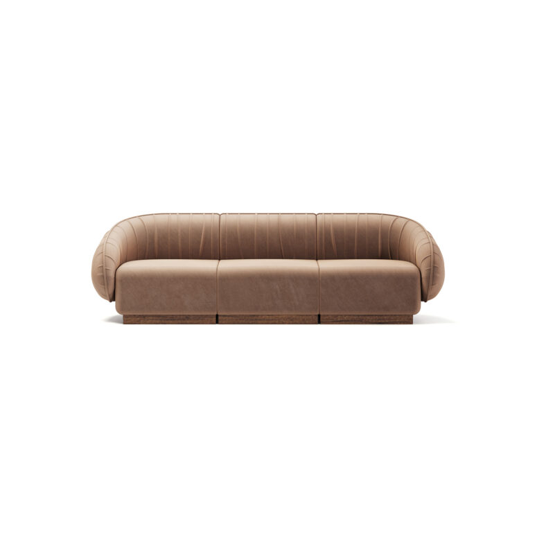 Bert modular sofa in brown fabric with walnut base and detailed vertical seams.