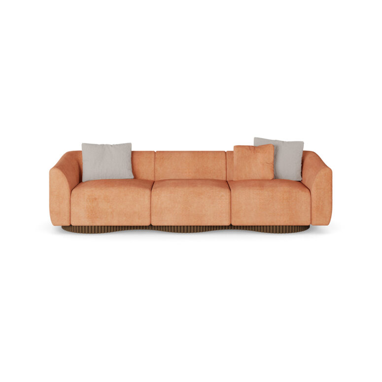 Orange luxury sofa with wave-inspired design, featuring plush upholstery, ribbed walnut matte base, and neutral-colored cushions, by Nolita Harbour. front view