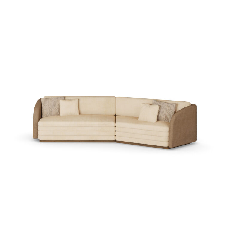 Luxury sofa with cream-colored upholstery, beige fabric accents, and patterned cushions, featuring a low-profile design by Nolita Harbour. Front View