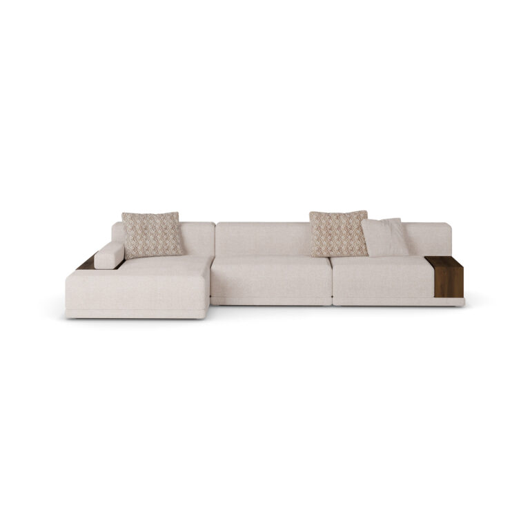 Front view of Gino Modular Sofa showcasing textured fabric and walnut shelving