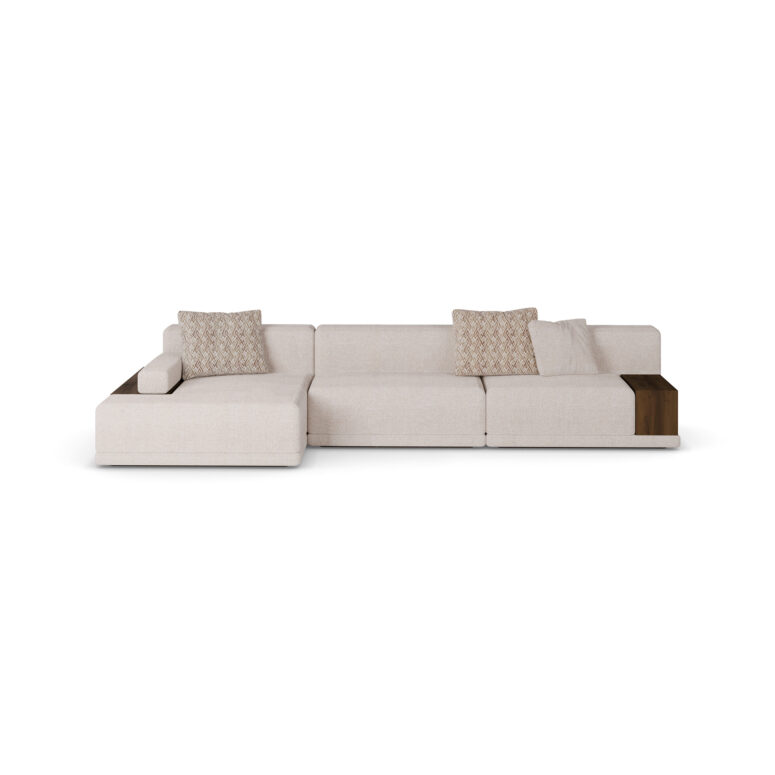 Front view of Gino Modular Sofa showcasing textured fabric and walnut shelving