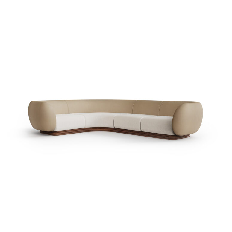 Curved sectional sofa with taupe leather upholstery, cream fabric seat cushions, and a walnut base, designed by Nolita Harbour. Front view