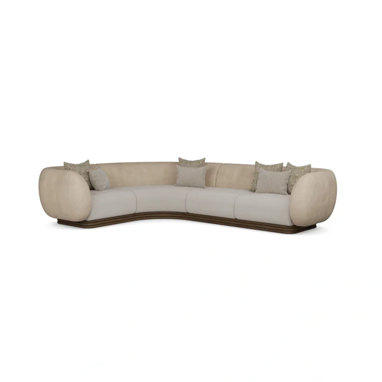 Vini sectional sofa by Nolita Harbour, bouclé modular sofa with curved silhouette and low plinth base, sculptural design.