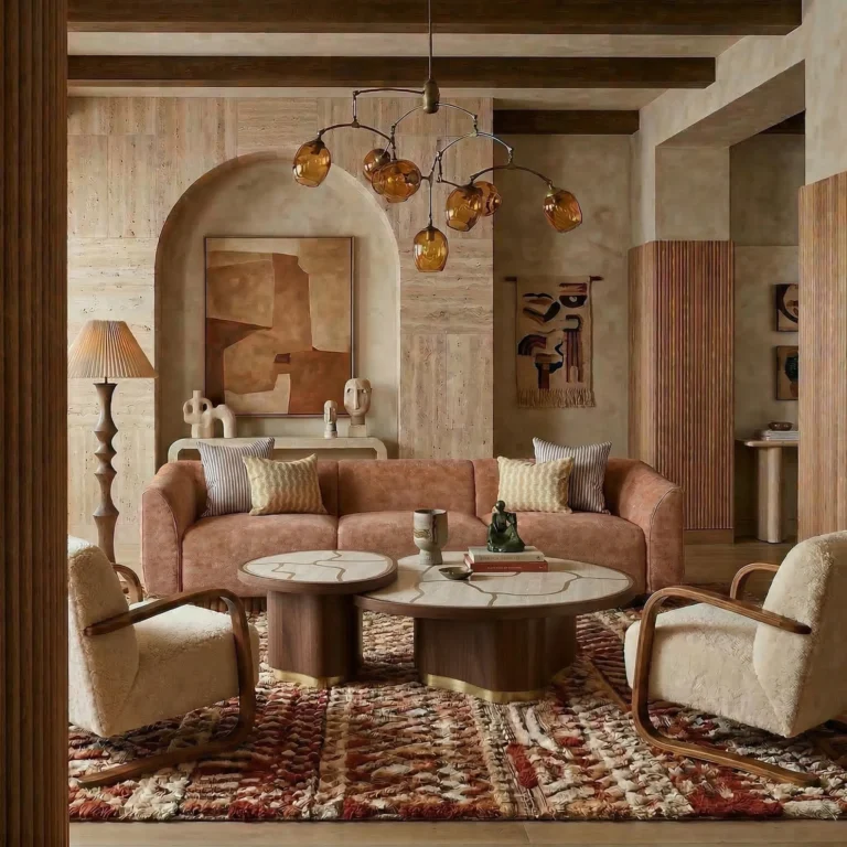Wave sofa by Nolita Harbour, curved velvet sofa with sculptural low profile and flowing silhouette in a warm, layered living interior.