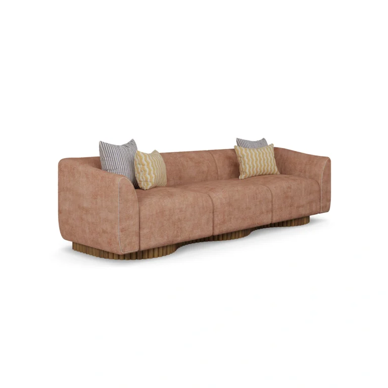 Wave sofa by Nolita Harbour, curved velvet sofa with sculptural low profile and flowing, continuous silhouette.