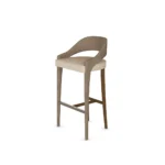 Modern bar chair with a solid wood frame and upholstered seat, featuring a curved backrest and tapered legs, by Nolita Harbour. 45 degree