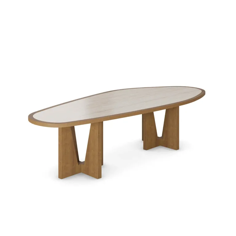 Modern dining table with a travertine top and varnished oak legs, featuring an organic-shaped tabletop and a sculptural base, by Nolita Harbour. 45 degree