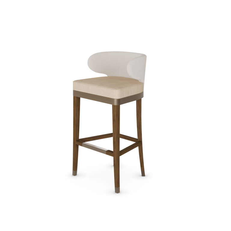 Elegant bar chair with a curved upholstered backrest, beige cushioned seat, and walnut wood legs with metal accents, designed by Nolita Harbour for modern bar settings. 45 degree view