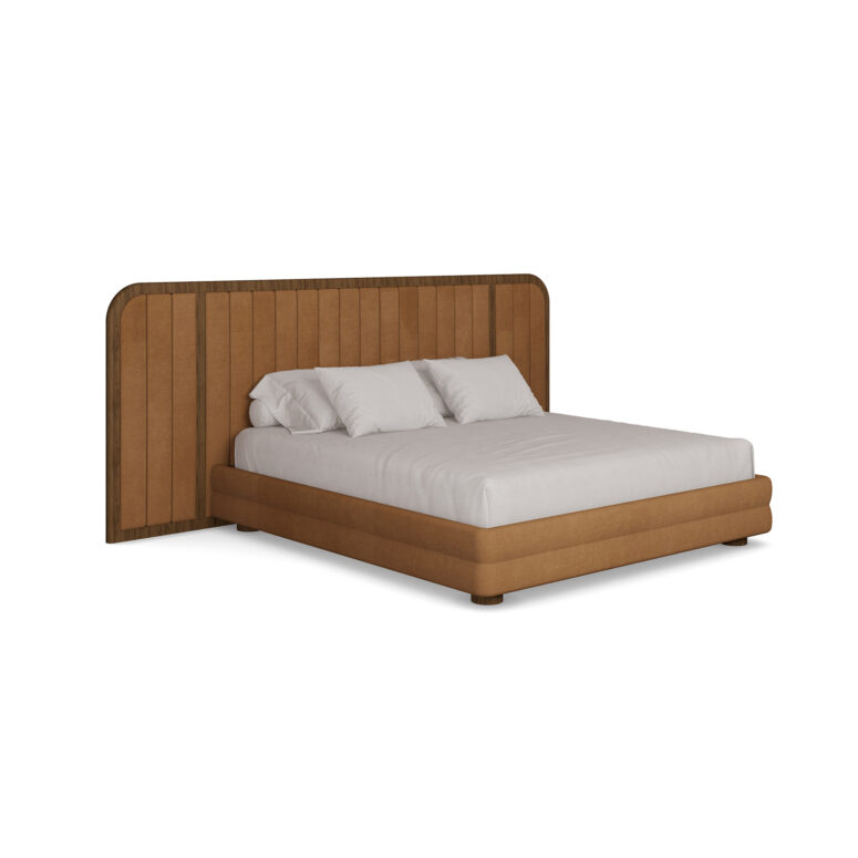 Marthina velvet bed with large walnut headboard, featuring tan velvet upholstery and vertical walnut paneling in a modern, minimalist design. 45 degree view