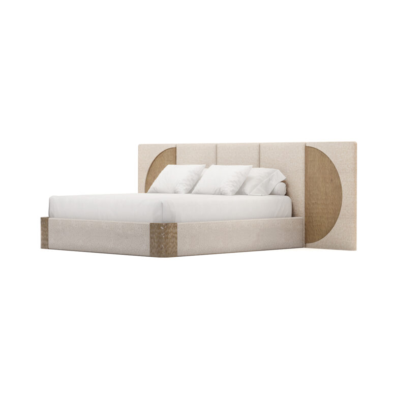 Claude bed featuring a headboard with neutral bouclé upholstery and carved varnished oak accents, sleek modern design with circular wood details on the sides. 45 degree view