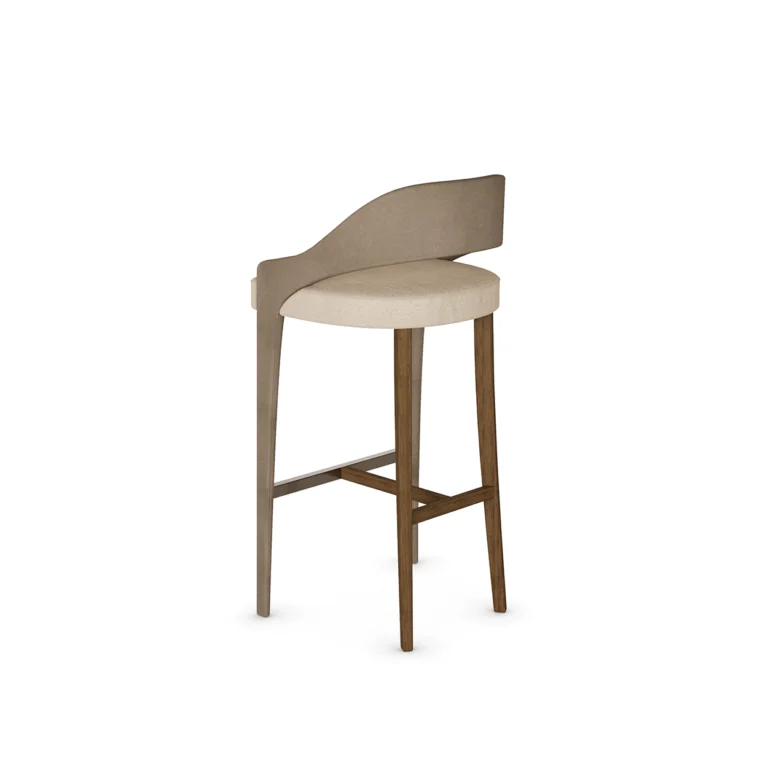 Modern bar chair with a solid wood frame and upholstered seat, featuring a curved backrest and tapered legs, by Nolita Harbour.