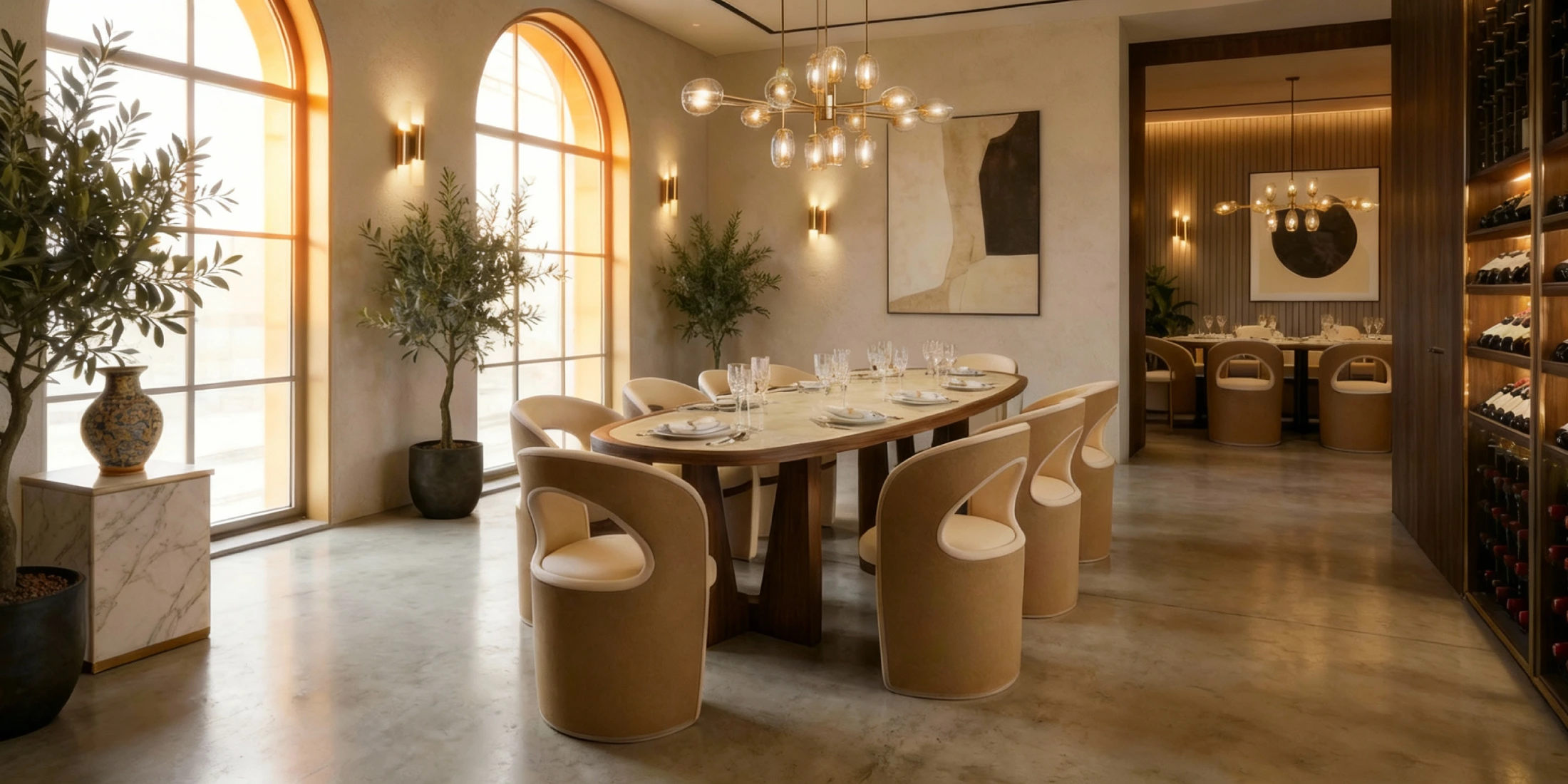 A spacious dining room with Nolita Harbour's dining table set, with Berta dining chairs and the Alba dining table.