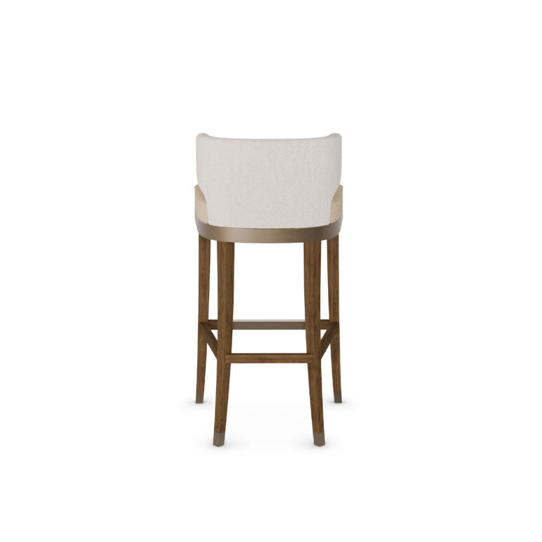 Elegant bar chair with a curved upholstered backrest, beige cushioned seat, and walnut wood legs with metal accents, designed by Nolita Harbour for modern bar settings. Back view