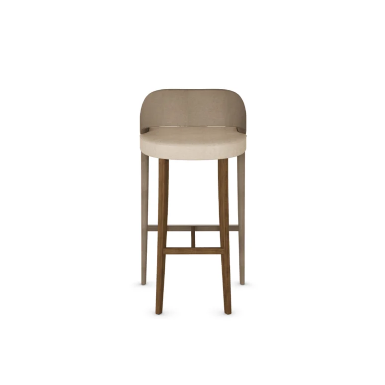 Modern bar chair with a solid wood frame and upholstered seat, featuring a curved backrest and tapered legs, by Nolita Harbour. Back Bar Chair