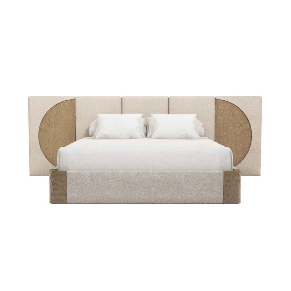 Claude Bed by Nolita Harbour, a designer bed in carved oak and bouclé upholstery with an oversized headboard.