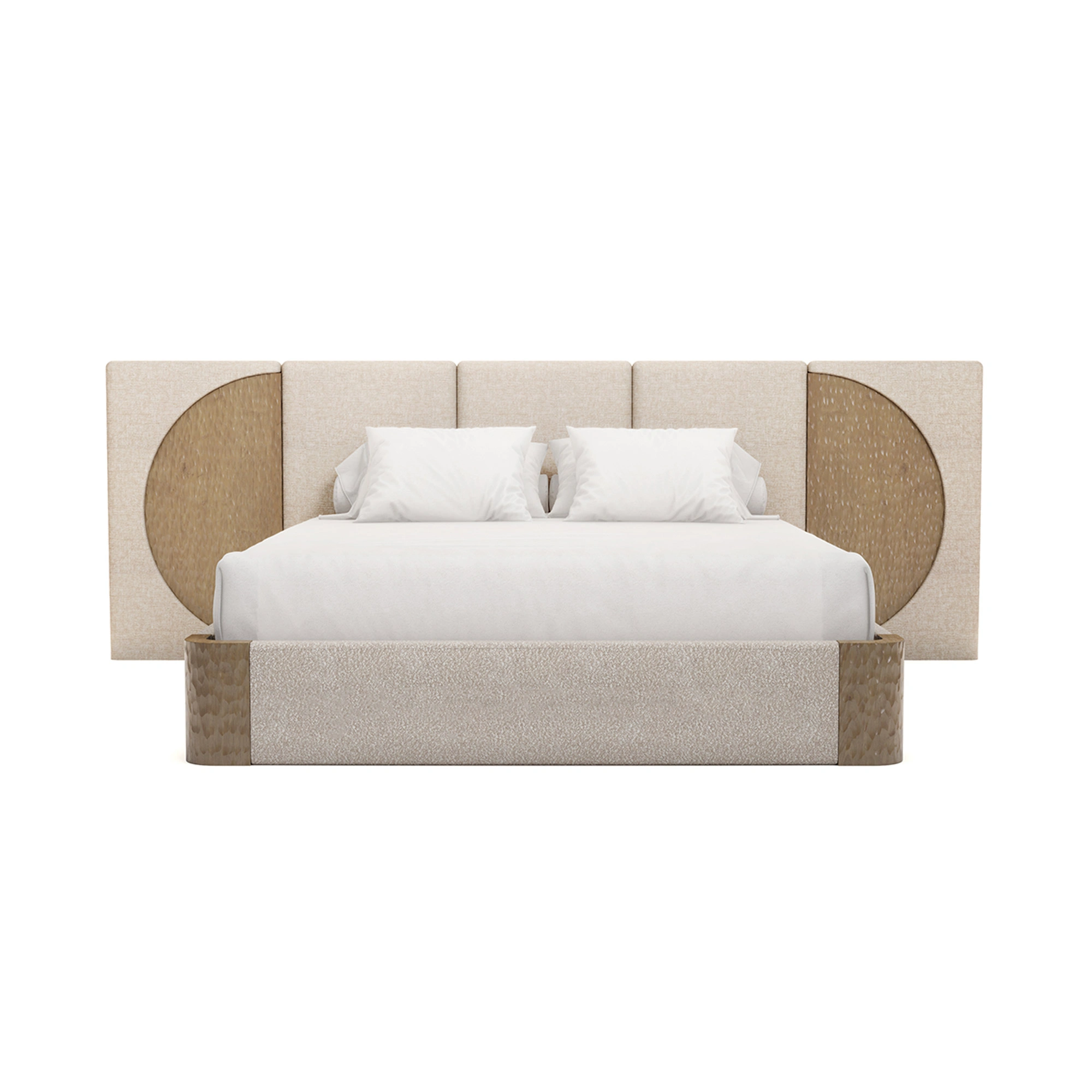 claude-bed-Front-view-2-nolita-harbour Claude Bed by Nolita Harbour, a designer bed in carved oak and bouclé upholstery with an oversized headboard.