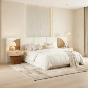 Minimalistic bedroom with the claude bed, by nolita harbour, made by carved oak and soft bouclé with a tall headboard.