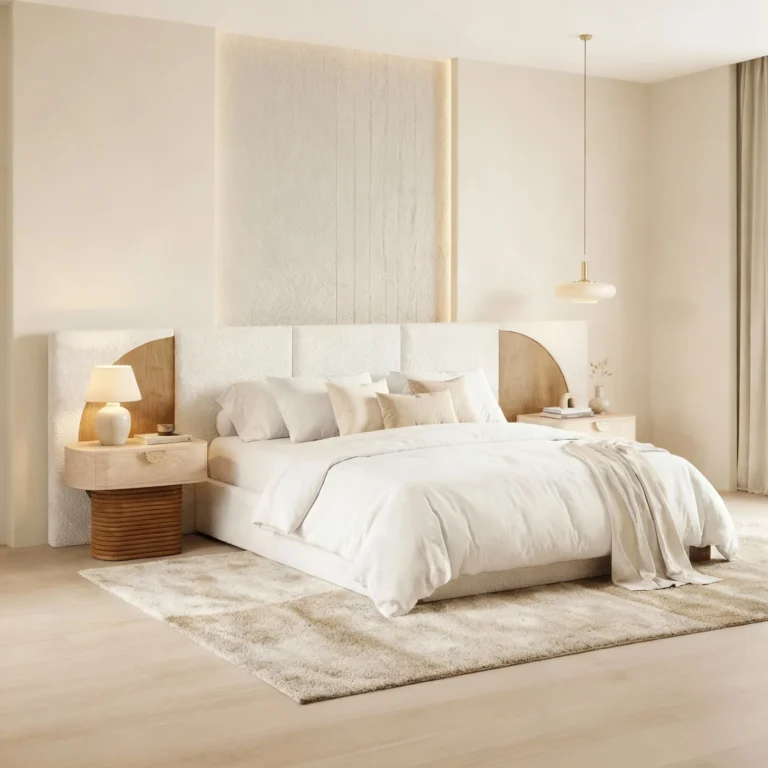 Minimalistic bedroom with the claude bed, by nolita harbour, made by carved oak and soft bouclé with a tall headboard.