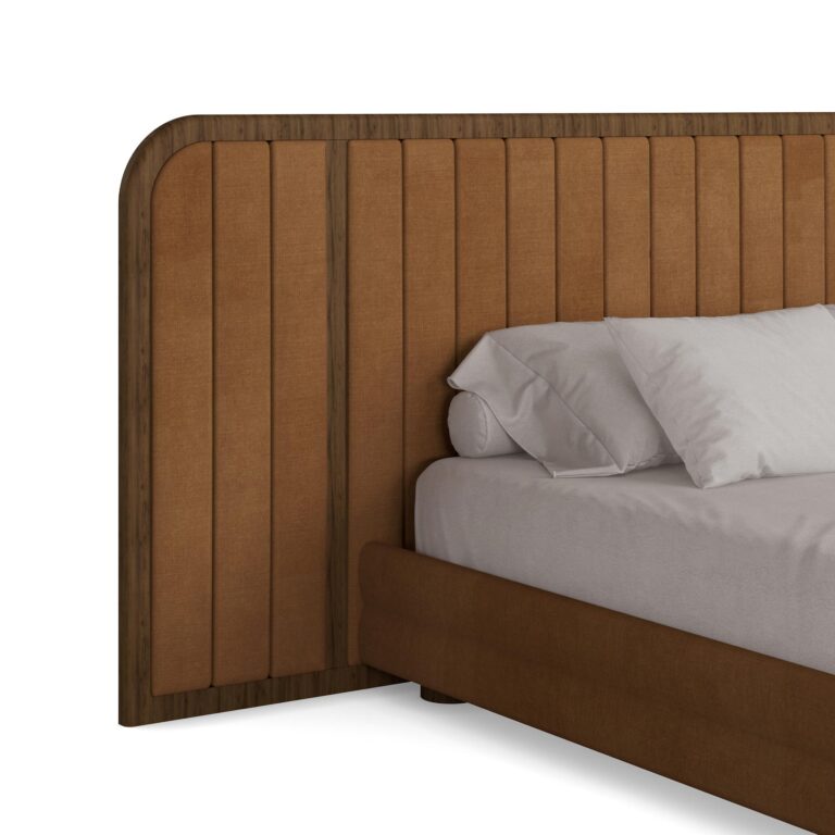 Marthina velvet bed with large walnut headboard, featuring tan velvet upholstery and vertical walnut paneling in a modern, minimalist design. detail View