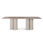 Luxury dining table with Light Emperador marble top and cylindrical marble legs, featuring a minimalistic and elegant design, by Nolita Harbour. front view