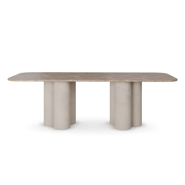 Luxury dining table with Light Emperador marble top and cylindrical marble legs, featuring a minimalistic and elegant design, by Nolita Harbour.