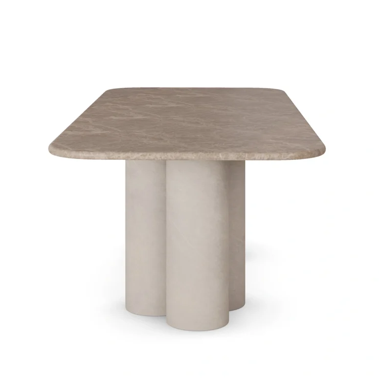 Luxury dining table with Light Emperador marble top and cylindrical marble legs, featuring a minimalistic and elegant design, by Nolita Harbour. side view