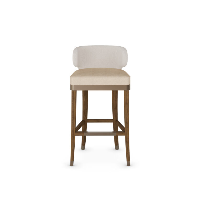 Elegant bar chair with a curved upholstered backrest, beige cushioned seat, and walnut wood legs with metal accents, designed by Nolita Harbour for modern bar settings. Front View